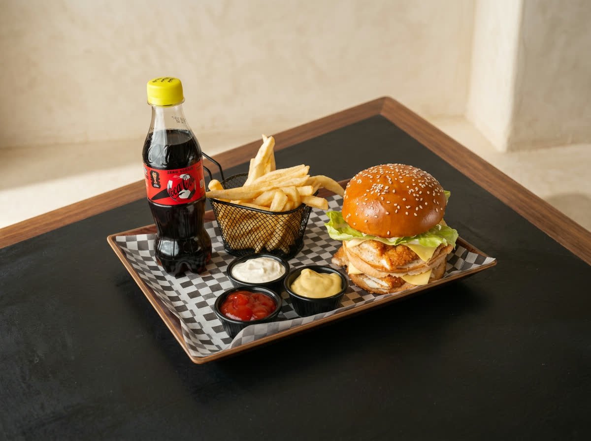 Chicken burger, frites et sauces